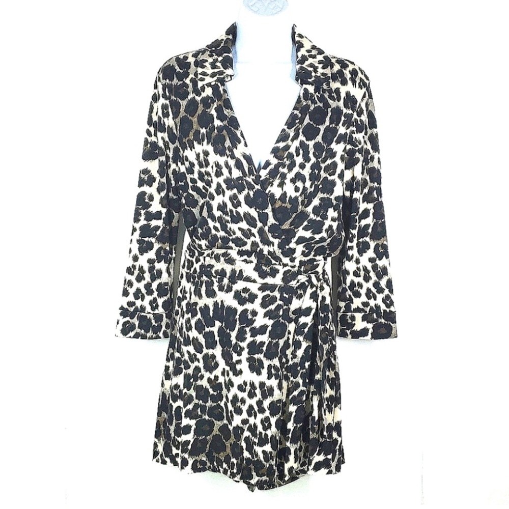 DVF Celeste silk cotton jersey leopard wrap romper jumpsuit creme black size 4